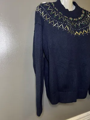 Talbots Sweater Womens Large Blue Mock Neck Beaded Jewel Yoke Knit Pullover thumbnail 4