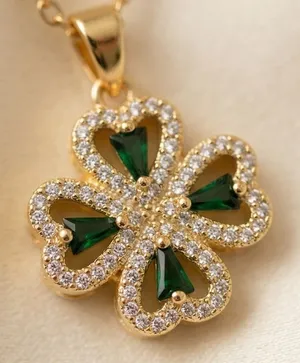 Elegant Gold Necklace with Four Leaf Pendant with Green Stones thumbnail 1