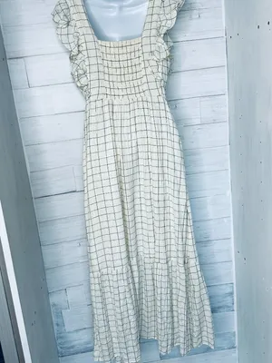 Evereve Window Pane Maxi Checkered Cream and Navy Sleeveless Dress Size Small thumbnail 4