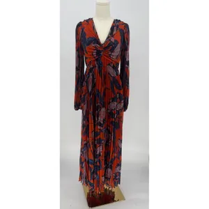 NWT Chelsea28 Floral Print Pleated Long Sleeve Dress Rust Blue Floral Sz XS $149 thumbnail 6
