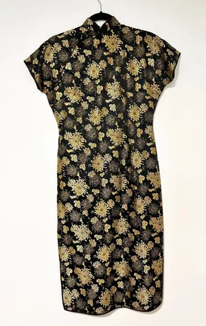Y2K VINTAGE Black Gold Floral Brocade ASIAN Cheongsam Qipao Dress Mandarin thumbnail 1
