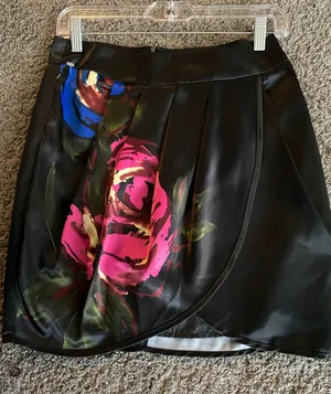 Twenty One Size medium Black Floral Wrap Satin Skirt - Pink & Blue Rose Print thumbnail 1