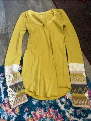 Free people Mustard Yellow Women's Knit Sweater with Patterned Crochet Cuffs thumbnail 1