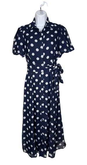 Studio One‎ Navy Polka Dot Midi Dress Tie Waist Button Front S Parisian Coquette thumbnail 1