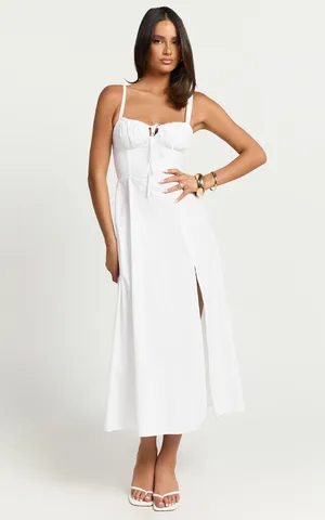 New Showpo MAIYA Midi Dress Tie Front Fitted Bodice Dress In White Size 4 thumbnail 4