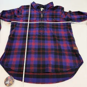 LL Bean Purple Scotch Plaid 1/4 Zip Cotton Flannel Shirt Relaxed MEDIUM thumbnail 5