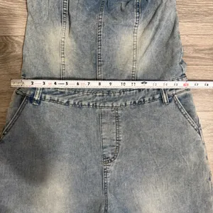 Strapless Wide Leg Denim Jumpsuit Size L‎ Light Wash Blue Seam Detail Y2K Romper thumbnail 6