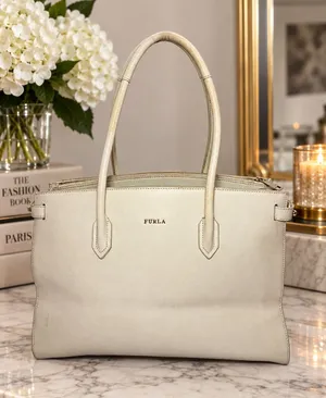 Furla Ivory Saffiano Leather Structured Tote Bag thumbnail 1