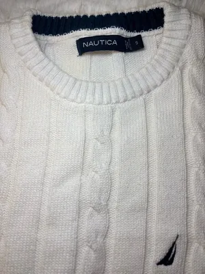 Nautica Cream Cable-Knit Crewneck Sweater with Navy Logo thumbnail 2