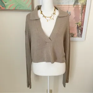 Meshki Carlota Collared Knit Cropped Jumper Sweater in Taupe Size Medium thumbnail 3