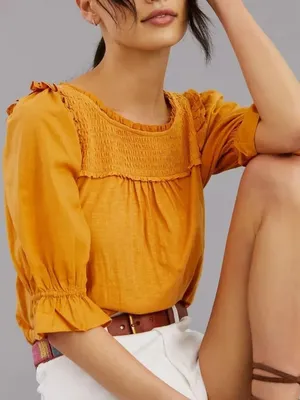 Anthropologie Orange‎ Smocked Puff Short Sleeve Top thumbnail 1