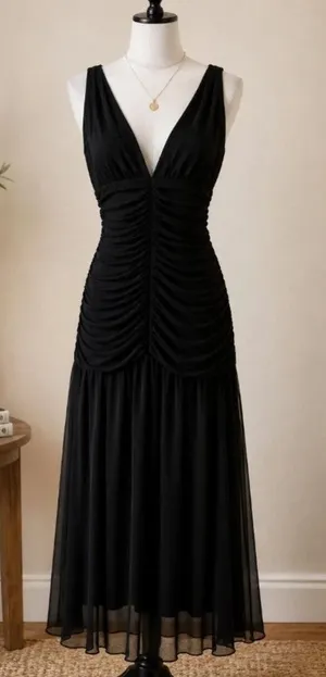 Camila Coelho Black Ruched Deep V Midi Dress Sleeveless Evening Cocktail Dress thumbnail 1