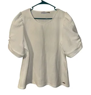 Calvin Klein White Textured Balloon Sleeve‎ Blouse, Womens Large (Approx) thumbnail 1