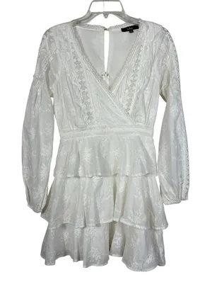 Lulus White Eyelet Lace Long Sleeve Ruffle Skirt Plunge Neckline Dress Bridal S thumbnail 1