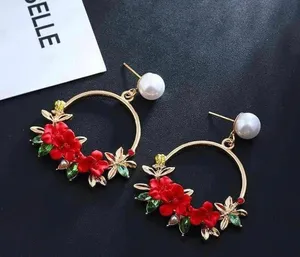 Women's Pearl Crystal Flower Dangle Drop Hoop Earrings thumbnail 2