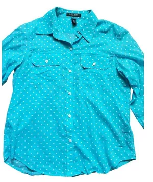 Ralph Lauren Blouse Women Medium Blue Polka Dot Top Button Up Pockets Roll Tab thumbnail 2