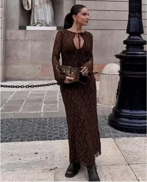 Zara Brown Lace Long-Sleeve Midi Dress thumbnail 9
