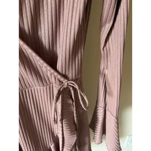 Altar'd State Taupe Metallic Wrap Mini Dress Long Bell Sleeve Pink Medium thumbnail 3