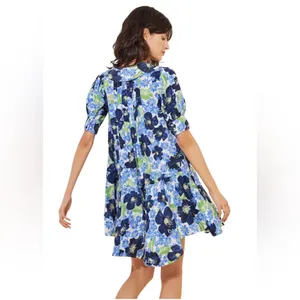 Free People Floral Mini Dress Blue Green Flowy‎ V Neck Size LG Moon Chaser thumbnail 2