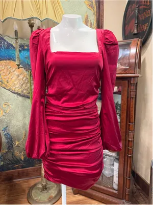 Oh Polly Mini Dress Red Satin Ruched Square Neck Puff Sleeve Cocktail Size 8 M thumbnail 3