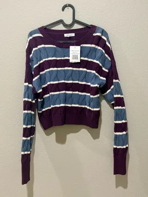 Stitch & Pine Purple Stripe Cable Knit Crewneck Crop Sweater Size S thumbnail 1