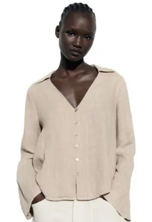 ZARA Linen Blouse Flared Bell Sleeves Button Up V Neck Beige Womens Small thumbnail 1