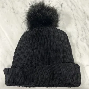 Love Your Melon! Leather Embossed Black Knit Beanie with Faux Fur Pom-Pom! thumbnail 2