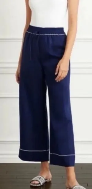 Hill House The Skylar Navy Blue Linen Wide Leg High Rise Pants Small thumbnail 1