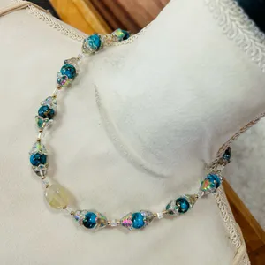 Handmade Handcrafted blue tone art glass bead faceted crystal agate necklace thumbnail 1