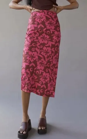 Urban Outfitters Pink and Brown Patterned Satin Slip Midi Skirt with Slit thumbnail 1