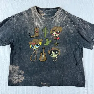Cartoon Network Powerpuff Girls Western Cowboy Acid Wash Cropped Graphic T-Shirt Large Gray thumbnail 1