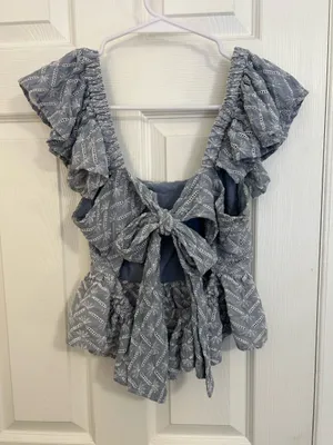 Francesca's Top Crop Blue Eyelet flutter sleeve tie back thumbnail 3