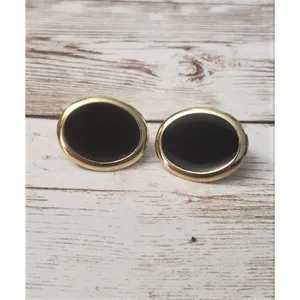 Vintage Clip On Earrings Black Oval with Gold Tone Halo 1" thumbnail 2