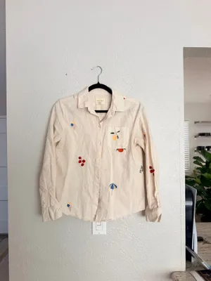 Sézane x Pangea Tomboy Shirt Fruit Floral Embroidered Ecru Linen Button down thumbnail 7