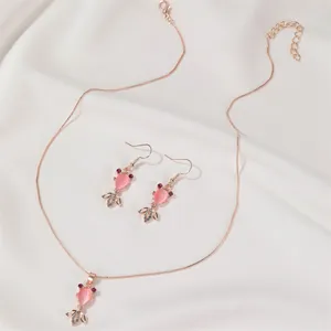 14K Rose Gold Plated Gold Fish Jewelry Set Fish Pendant Necklace Pink Crystal Fish Dangle Drop Earrings(2pcs/set) thumbnail 4