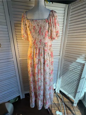 Romantic Ivory High-Low Floral Dress with Pink Roses side zip thumbnail 5
