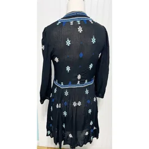 Free People Stargazer Mini Dress Embroidered V-Neck Tie Waist Black Blue Small thumbnail 4