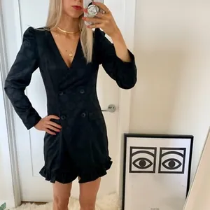 ZARA Jacquard Dot Puff Shoulder Blazer Mini Dress Black Size Small thumbnail 6