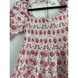 Hill House Home Mermaid Nap Dress Pink Red‎ Seashell Smocked Puff Sleeve Boho XS thumbnail 2