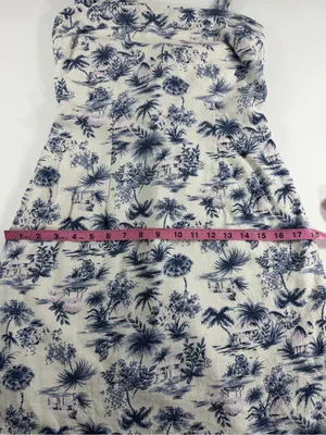Coastal Linen Blend Halter Mini Dress Tropical‎ Toile Print Blue Ivory Womens M thumbnail 4