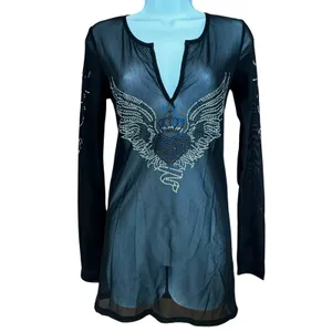 Sheer Long Sleeve Rhinestone Heart Angel Wings Y2K‎ Small Biker Fairy Goth thumbnail 2