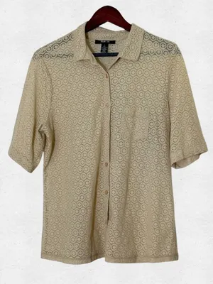 Style & Co Beige Lace Short Sleeve Collared Button Down Top Large Vacation Beach Tan Shirt thumbnail 1