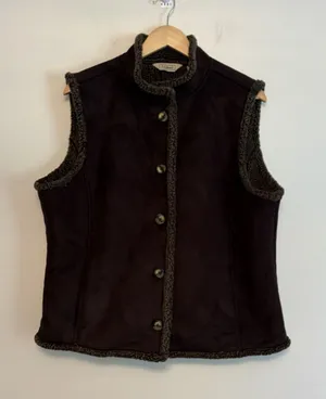 LL Bean Vest XL Brown Faux Suede Sherpa Lined Button Front Penny Lane Granola thumbnail 1