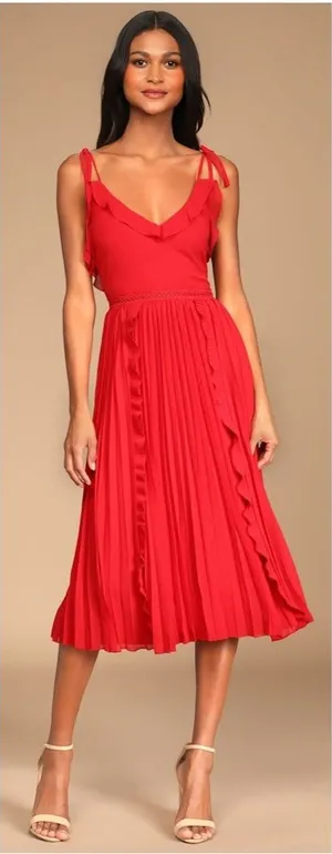 Lulus Never a Dull Moment Bright Red Tie-Strap Pleated Midi Dress Size XL Party thumbnail 1