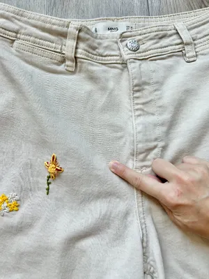 Mango Women's Floral Embroidered Wide Leg Crop Khaki Pants Size 8 thumbnail 2