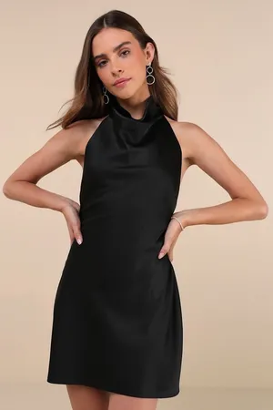NWT Lulus Gorgeous Endeavor Black Satin Halter Mini Slip Dress Backless Party M thumbnail 1