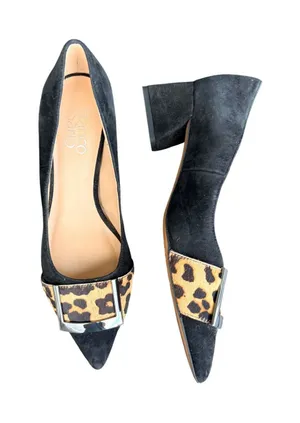 Franco Sarto Size 8 Black Suede Pumps Leopard Calf Hair Buckle Pointed Toe Heels thumbnail 1
