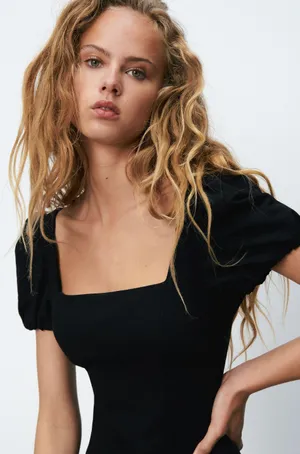 ZARA linen blend little black dress bohemian milkmaid mini linen thumbnail 2