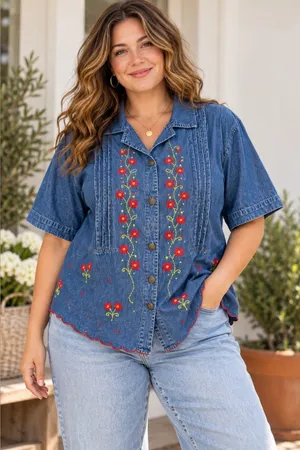 Jane Ashley Vintage Denim Red Floral Embroidered Button Down Plus Size Top thumbnail 1