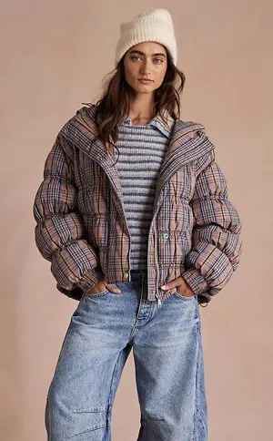 Free People Party‎ of One Plaid Puffer jacket in tan combo- NWT XS Sold Out thumbnail 1